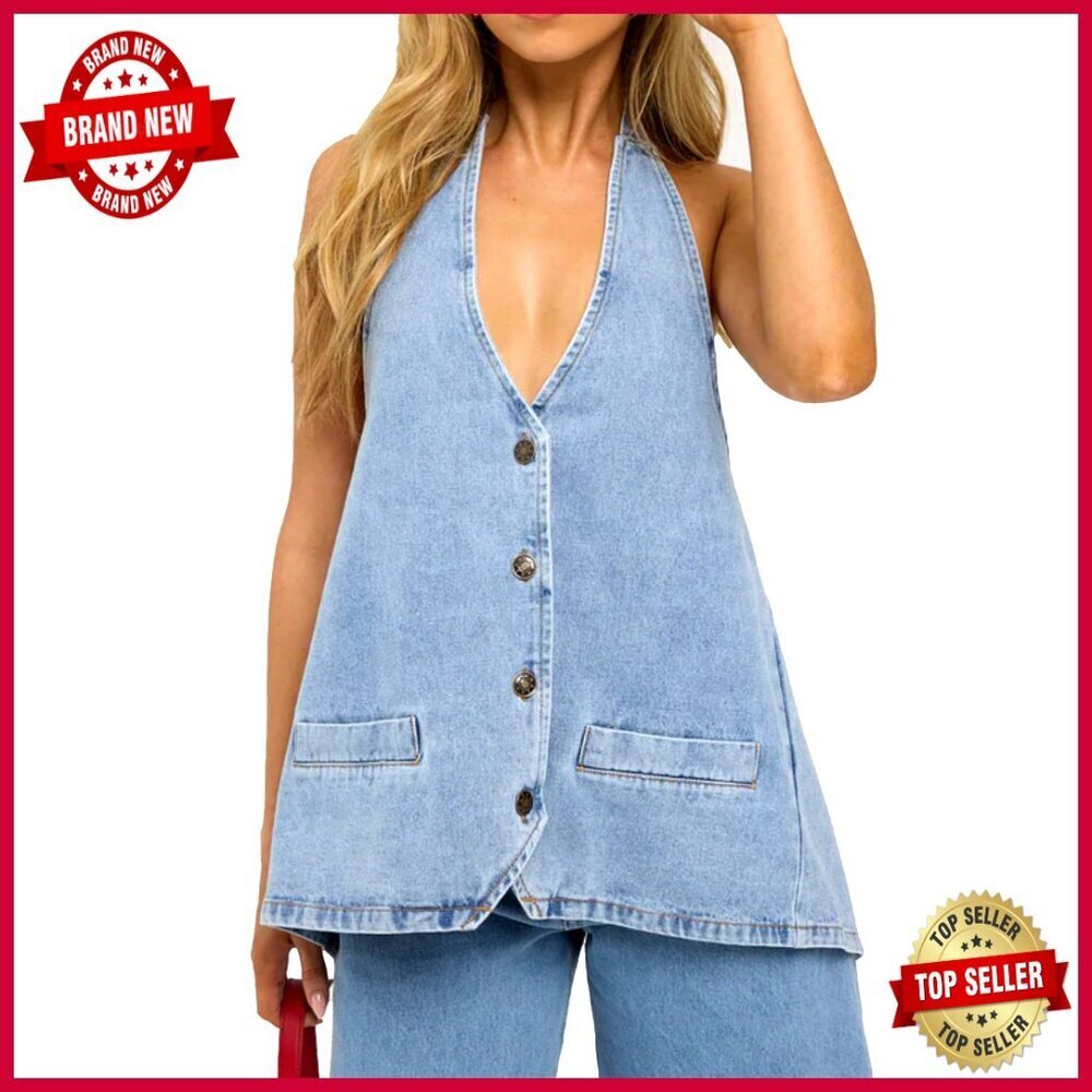 Women's Denim Vest Tie Up Backless Cropped Tank Top Loose Fit V Neck